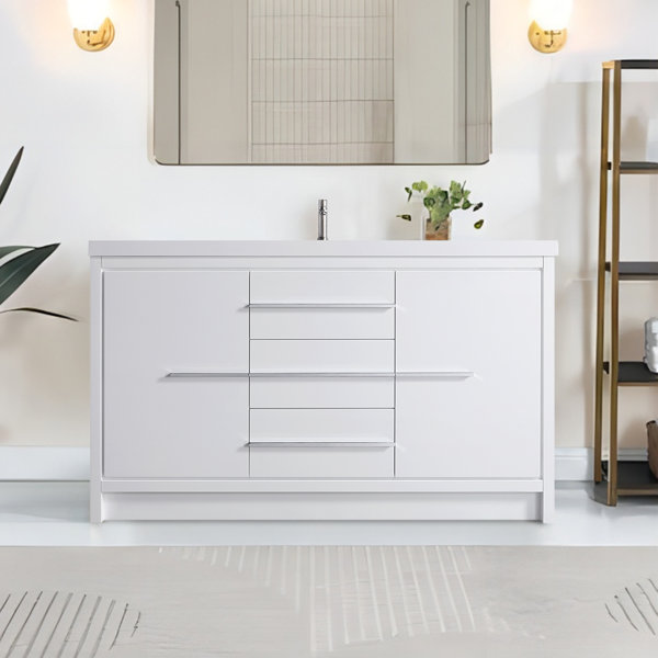 Upiker 60'' Free Standing White Single Bathroom Vanity with Resin Sink ...